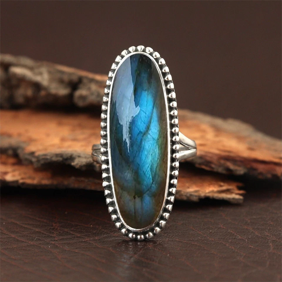 Anello Cristallo Labradorite Argento Sterling 925 Boho Sorpresa Gioielli da... - Immagine 1 di 3