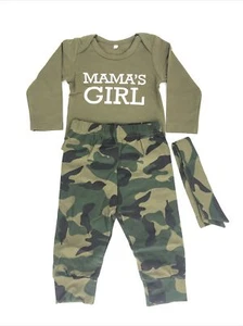 Newborn 9-12M Mama’s Girl Saying Top Camouflage Pants/Headband Outfit Set New - Picture 1 of 11