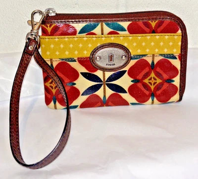 Cartera Muñequera Fósil Vintage Cuero Recubierto Rojo Floral Cremallera Alrededor Pequeña Foto 1 de 4