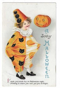Internationale Kunst Halloween Postkarte Künstler signiert Ellen Clapsaddle Clown Kostüm - Bild 1 von 2
