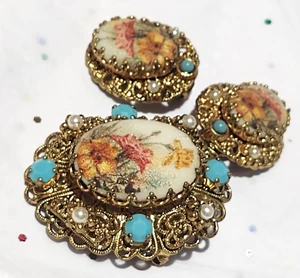 VTG WEST GERMANY SUGAR COATED GLASS FLOWER FILIGREE BROOCH CLIP ON EARRING SET - Picture 1 of 10