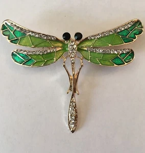 LARGE GREEN DRAGONFLY WITH DIAMANTES BROOCH BROACH LAPEL PIN INSECT UK SELLER - Picture 1 of 8