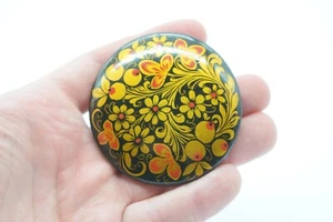 Vintage Khokhloma Folk Art Russian Hand Painted Brooch Pin Wood Lacquer Enamel - Picture 1 of 6