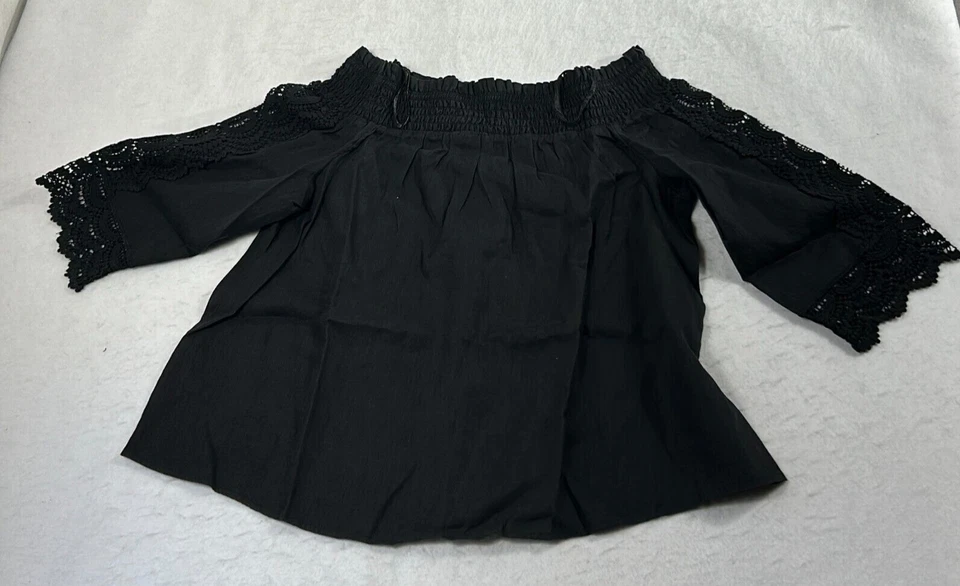 Chico's Linen Off-The-Shoulder Crochet Trim Top Black Size 2 US 12 #570345986