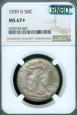 1939 D WALKING LIBERTY HALF DOLLAR NGC MS67+ 2ND FINEST MAC RNBO RAINBOW . - Image 1 of 2