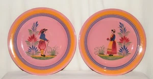 Rare Pair HENRIOT QUIMPER FRANCE *Breton Couple* DINNER PLATES Pink~Orange~Blue - Picture 1 of 7