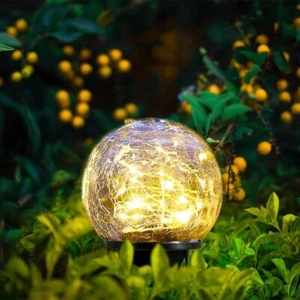 LED  Garden Solar Lights Outdoor Waterproof Cracked Glass Ball Globe Decor - Picture 1 of 9