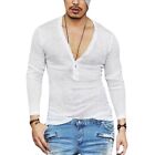 Plain Slim Fit V Neck Long Sleeve T Shirt Button Tops Muscle Tee Blouse For Men