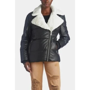 Levi’s Asymmetrical Vegan Leather Moto Puffer Jacket Faux Fur Trim - Bild 1 von 4