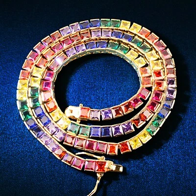 Corrente de tênis 5AAA+ CZ quadrada colorida Ice Out Hop quadril folheada a ouro real 14k 4 mm - Imagem 1 de 4