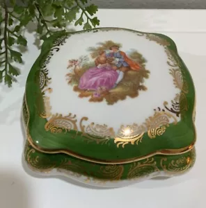 Vtg Limoge France Green Gold Porcelain Floral Couple Hand Painted Trinket Box - Picture 1 of 17