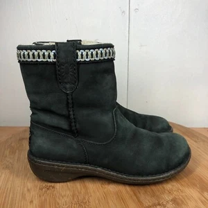 UGG Boots Womens 7 Swell Short Black Leather Sheepskin Lined Pull On Classic - Picture 1 of 14