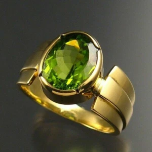 3 Ct Oval Cut Simulated Peridot Solitaire Men Ring 14K Yellow Gold Finish - Picture 1 of 4