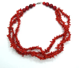 Vintage 3 Strand DEEP RED MEDITERRANEAN BRANCH CORAL & BEAD 18" Necklace - Picture 1 of 8