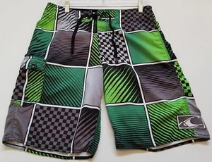 O’NEILL Board Shorts Men’s 31 Black Green Check Striped Drawstring Swim Beach - Picture 1 of 14