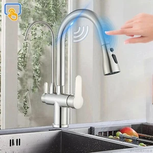 Touch On Brushed Nickel Kitchen Faucet Swivel Pull Down Sprayer W/Purifier Tap - Picture 1 of 13