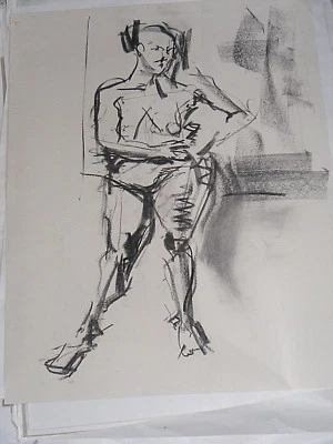 Figure life drawing nude expressive, charcoal/paper woman standing,   A1 size - Image 1 of 4