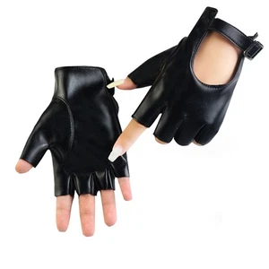 1Pair Unisex Black PU Leather Fingerless Gloves Solid Female Half Finger Driving - Picture 1 of 26