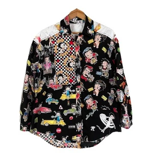 VTG Betty Boop Novelty Bingo Vegas NYC Cotton Button down Long Sleeve Blouse M/L - Picture 1 of 16