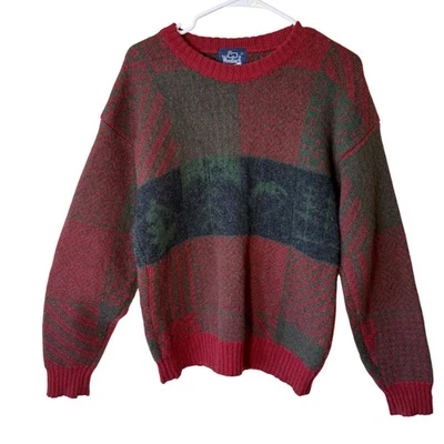 Woolrich Mens Wool Sweater Red Green Crew Neck Vintage Knit Plaid Medium Cabin - Image 1 of 4