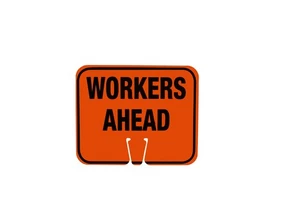 WORKERS AHEAD Traffic Cone Sign 12.75x10.375 inch Black on Orange - Picture 1 of 1