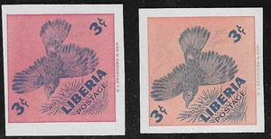 Liberia 1953, 3c bird IMPERFORATE TRIAL color in greyish red, RR, #342 - Picture 1 of 1