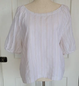 Loft Women Short Puff Sleeve Lined Top White Metallic Gold Silver Stripe Cotton - Picture 1 of 14