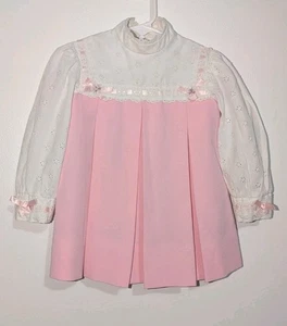 Vtg 70's Pleated Pink and White Embroidered Eyelet Dress Girls 2T Cottagecore - Picture 1 of 8