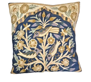 Tree Of Life Birds Embroidered Handmade Pillow Cover 16 x 16 Crewel No insert - Picture 1 of 7