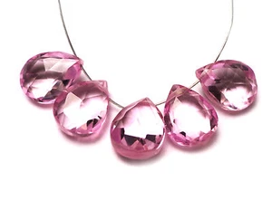 LAB PINK SAPPHIRE FACETED PEAR BRIOLETTE 5! BEADS 444N 8x5x2.5mm to 9x6x3mm - Picture 1 of 2