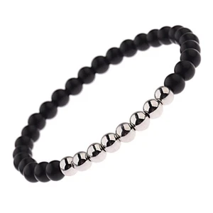 Bracciale ACCIAIO chirurgico 6mm con perle NERO sfere argento da Uomo Donna inox - Foto 1 di 5