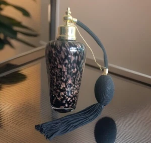 Art Glass Atomizer Perfume Bottle With Tassel Black Copper Twinkle Spark Vintage - Picture 1 of 2