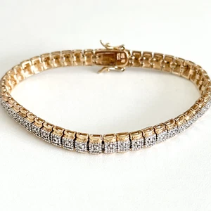 925 Sterling Silver Vermeil Genuine Diamond Two Tone Vintage Bracelet 7.25" - Picture 1 of 12