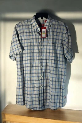 IZOD 男式中号短袖纽扣衬衫蓝色网格全新带标签 — 第 1/4 张图片