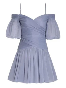 Mini Vestido Zimmermann Plisado | Plisado, Azul Polvoriento, Mangas Abullonadas, Hombro Descubierto - Imagen 1 de 9