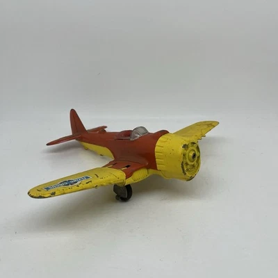 Avión de avión de juguete fundido a presión Hubley #495 de los años 50 tren de aterrizaje plegable naranja/amarillo leer Foto 1 de 4