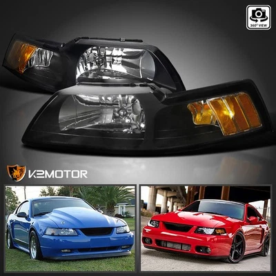 Black Fits 1999-2004 Ford Mustang V6 GT SVT Cobra Headlights Left+Right 99-04 - Image 1 of 4