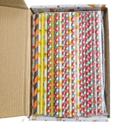 Paper Drinking Straws 200 Pack HAKACC Striped, Floral, Fruit, Hearts, Happy Face - Image 1 of 4