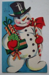 Dapper Snowman w candy cane & presents vintage Christmas greeting card *TT6 - Picture 1 of 3