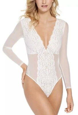 INC Women's Long-Sleeve Lace Mesh Bodysuit Washed White Large NWT - Image 1 of 4
