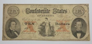 US Confederate Currency 2nd Series 9/2/1861 $10 VERY FINE T-26 ~ 2 Pinholes - Picture 1 of 4
