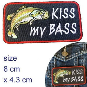 Kiss my Bass Iron on patch boat catch rod fish sea bait fishing iron-on patches - Picture 1 of 3