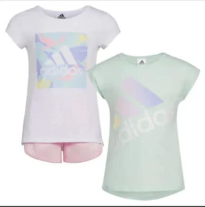 NWT Girl's Adidas 3 Piece Set Tee Shirts and Shorts White Teal Pink Size 4 - Picture 1 of 7
