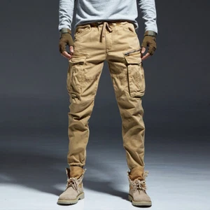 Pantalones cónicos de algodón de carga para hombre cordón cintura elástica pantalones bolsillo senderismo - Imagen 1 de 16