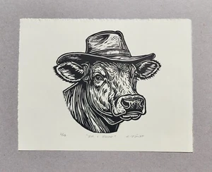 Linocut Estampado Tirado a Mano Vaca Titulada "Soy un Granjero" 2 Sin Marco - Imagen 1 de 7