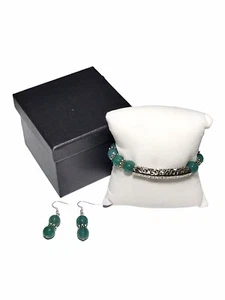 Green Glass Silver Metal Beaded Stretch Bracelet & Earrings Fashion Jewelry Set - Picture 1 of 12