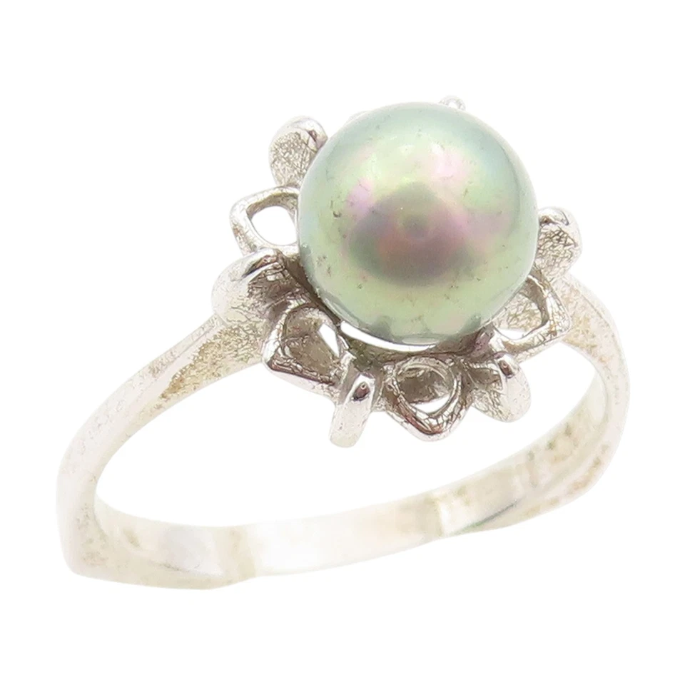 925 Sterling Silver Vintage Ring Minimalist Pearl Floral Outline  Sz 8  RG34239 - Image 1 of 4