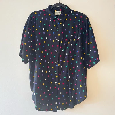 Vintage 80s Rainbow Polka Dot Button Up Shirt Stranger Things Style Large 90s - Image 1 of 4