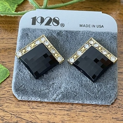 Pendientes Joyería 1928 Tono Dorado Imitación Negro Corte Vidrio Estrás Marcasita Deco Foto 1 de 4