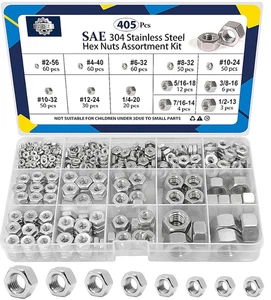 405 Stck. SAE Sechskantmuttern Sortiment Kit #2-56#4-40#6-32#8-32#10-24#10-32#12-24 1/4"- - Bild 1 von 12